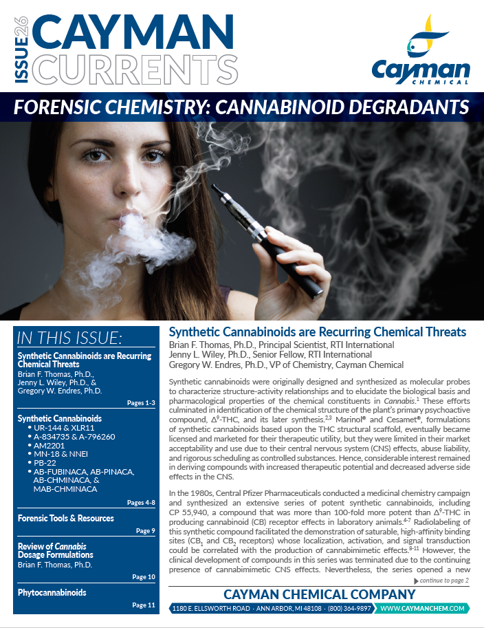 <p>​Cayman Currents Issue 26: Forensic Chemistry: Cannabinoid Degradants<br></p>